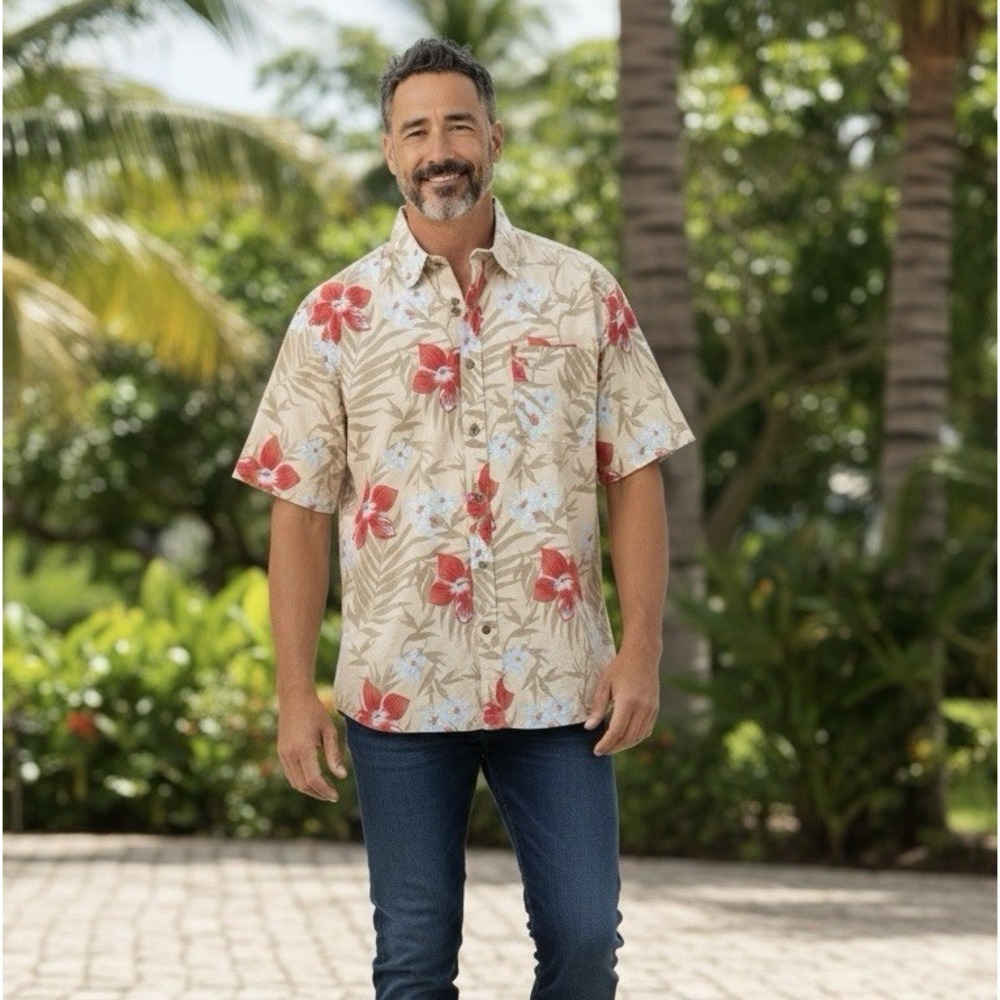 Croft & Barrow Men's M Linen Blend Hawaiian Floral 90's Easy Care Shirt New Tags